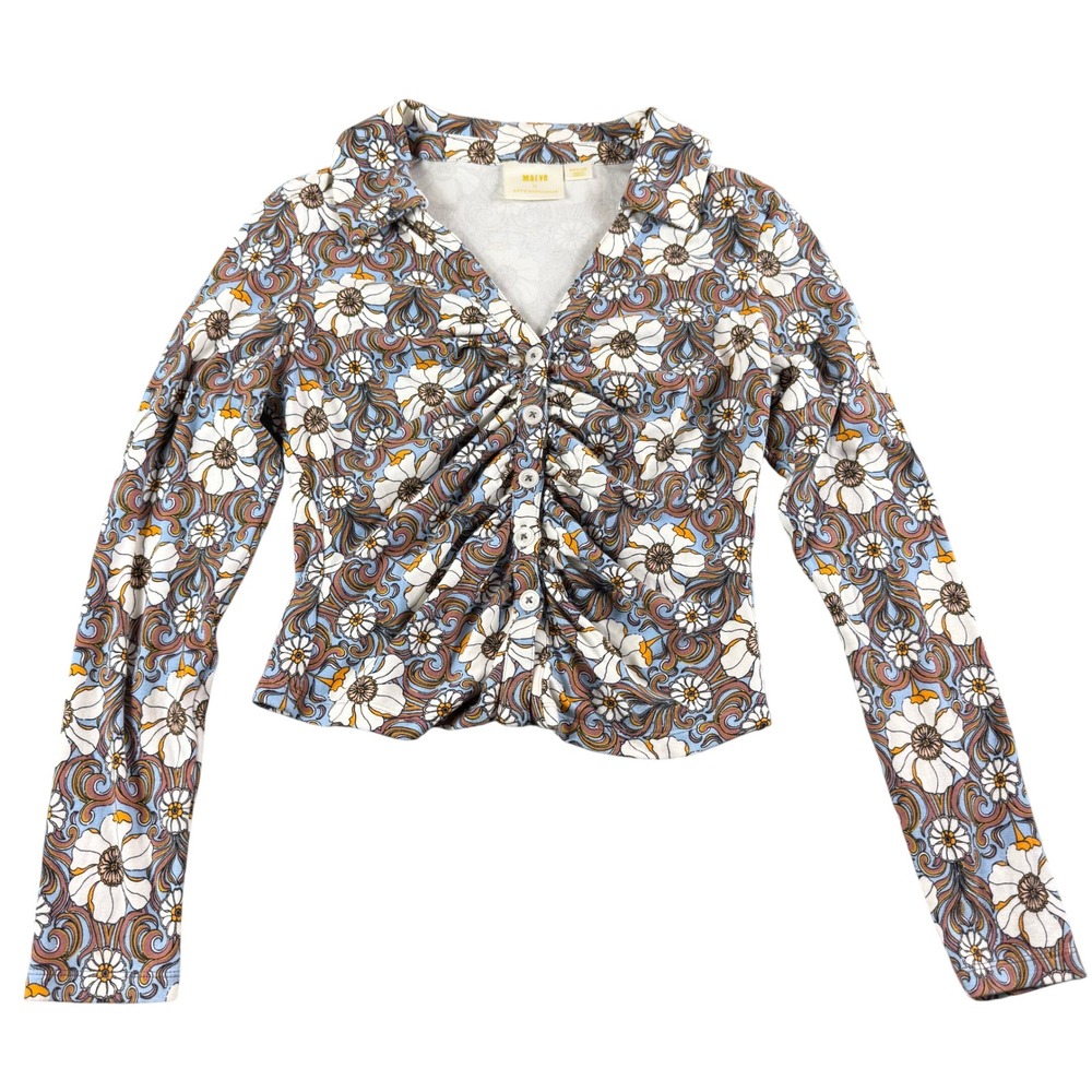 Maeve Anthropologie Ruched Button Front Top Medium Blue Floral Paisley 70s Retro